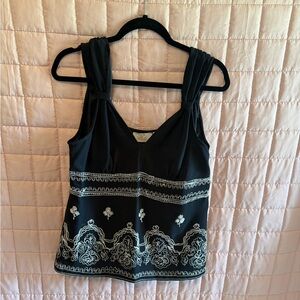 Cache Black and White Embroidered Blouse